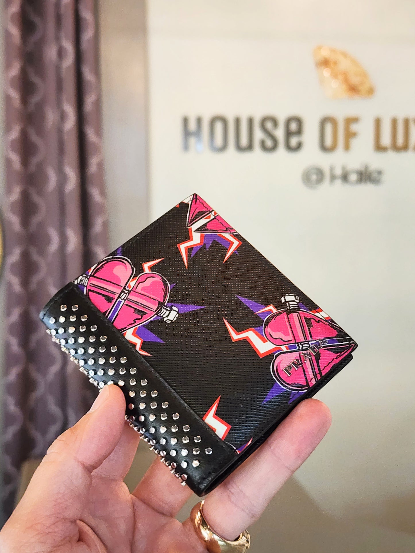 PRADA Saffiano Studded Heart Print Bi-Fold Wallet in Black Multi-Color