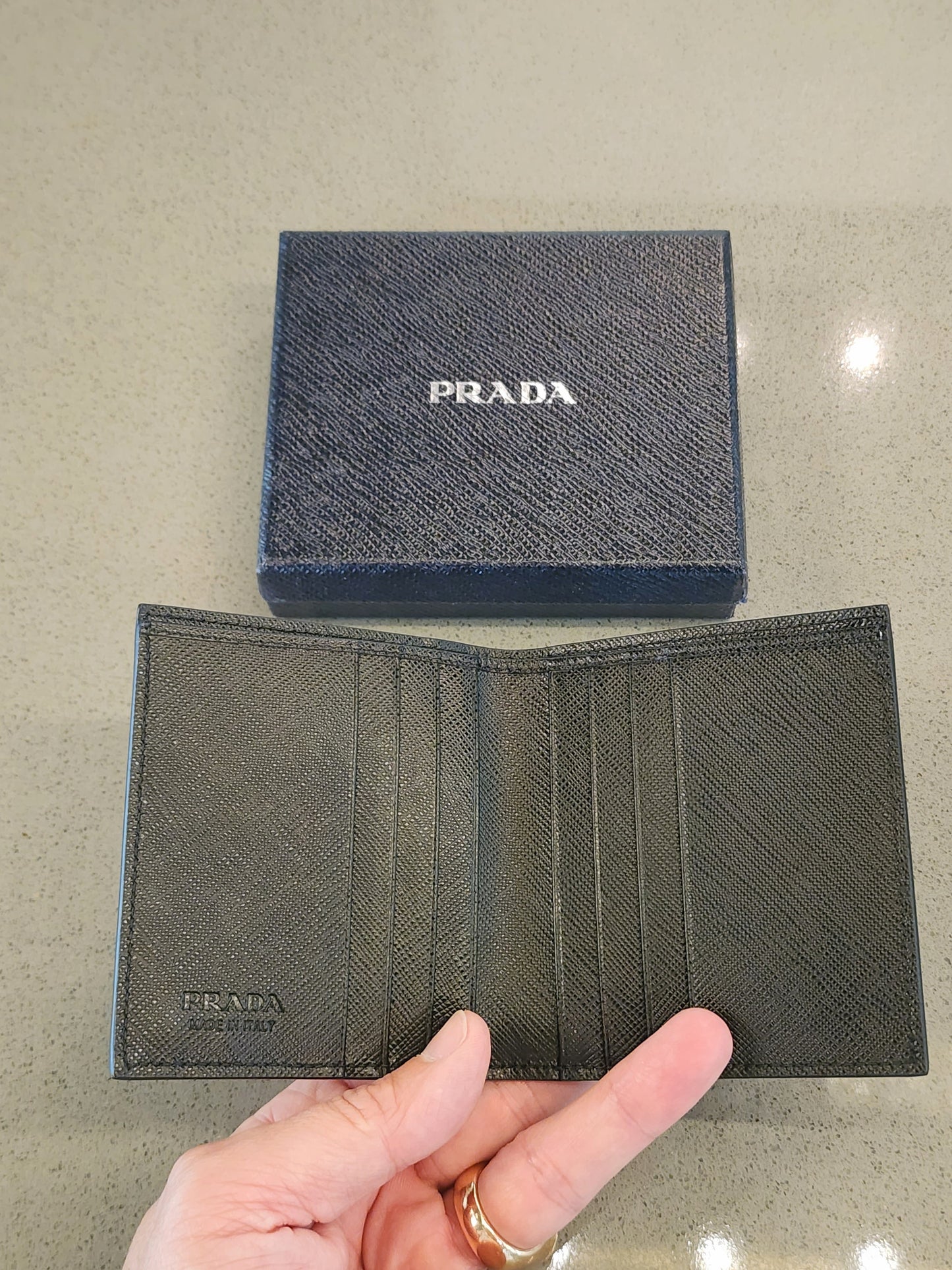 PRADA Saffiano Studded Heart Print Bi-Fold Wallet in Black Multi-Color