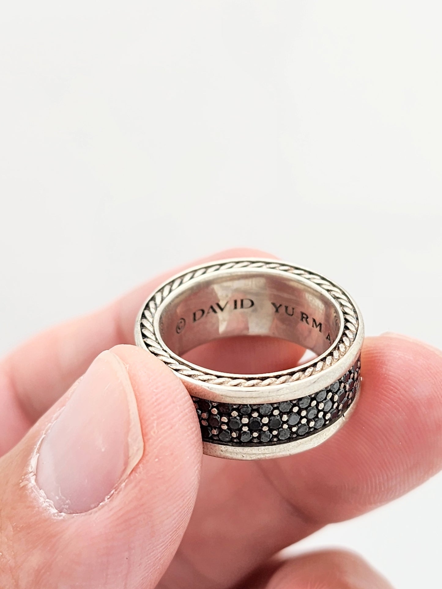 DAVID YURMAN Streamline Three-Row Band Ring with Black Diamonds in Sterling Silver Size 7