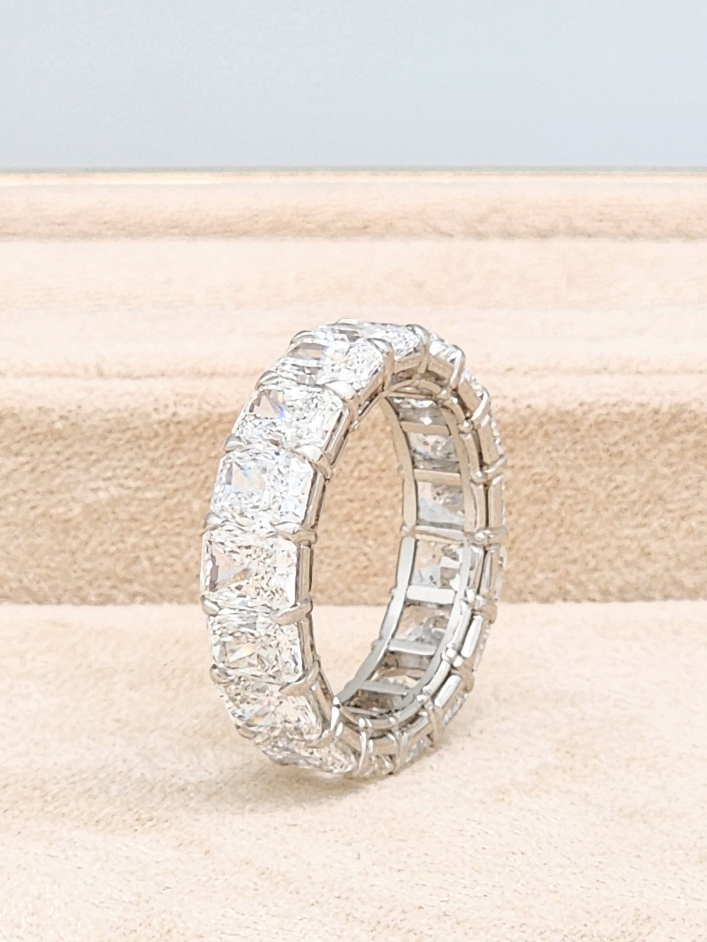 8.70 Carat Radiant Cut Diamond Eternity Band in Platinum. Size 6.5