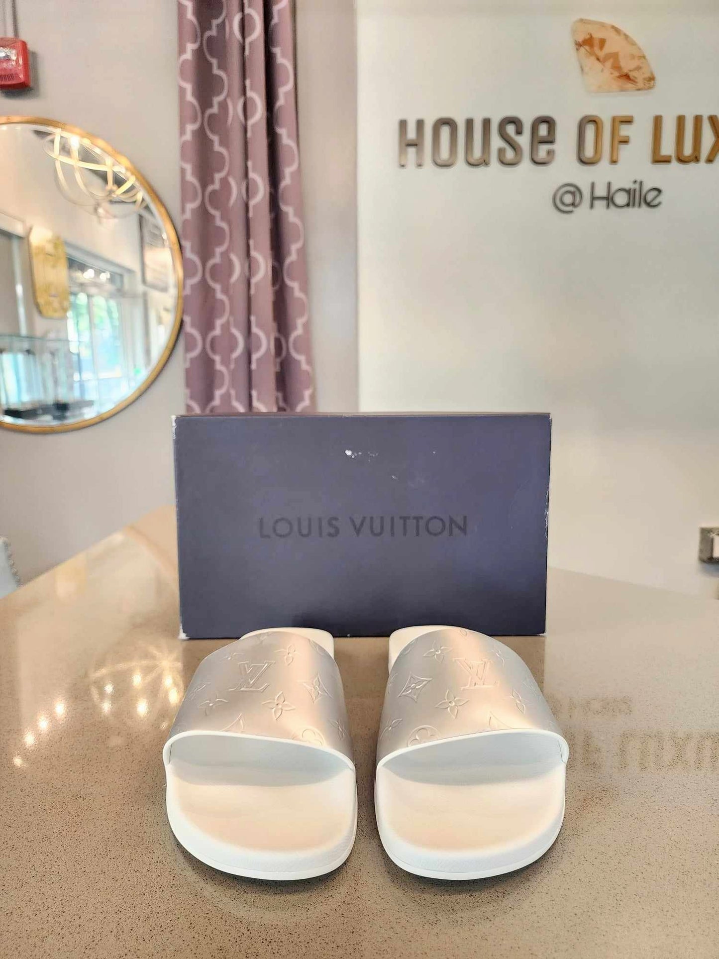 LOUIS VUITTON Waterfront Mule Slides in White and Metallic Monogram Rubber Size 10 (Fits like US 11)