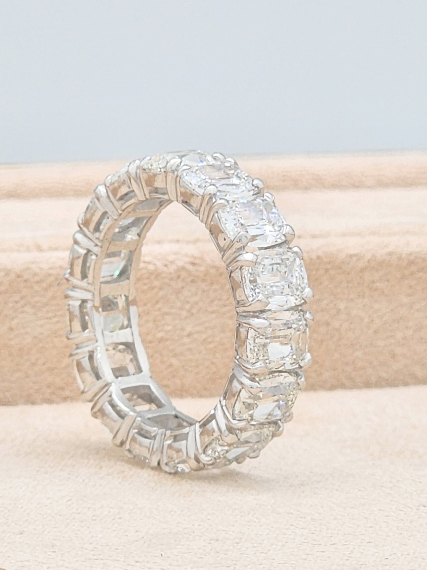7.82 Carat Elongated Antique Cushion Cut Diamond Eternity Ring in Platinum!! Size 7