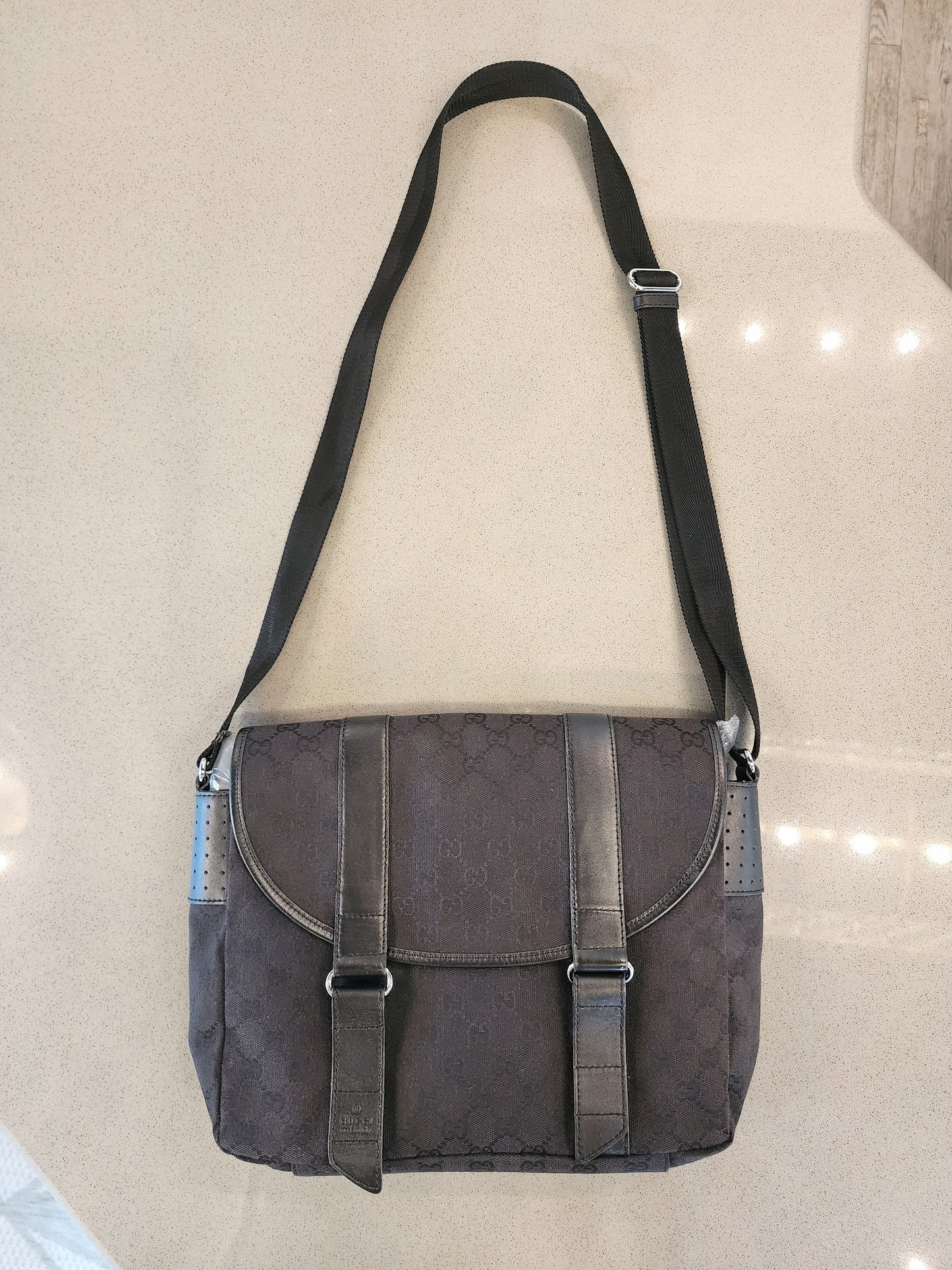 GUCCI GG Black Canvas and Perforated Leather Messenger Bag