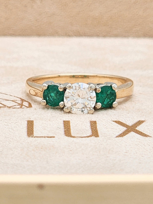 3-Stone .70 Carat Diamond and Emerald Ring in 14K