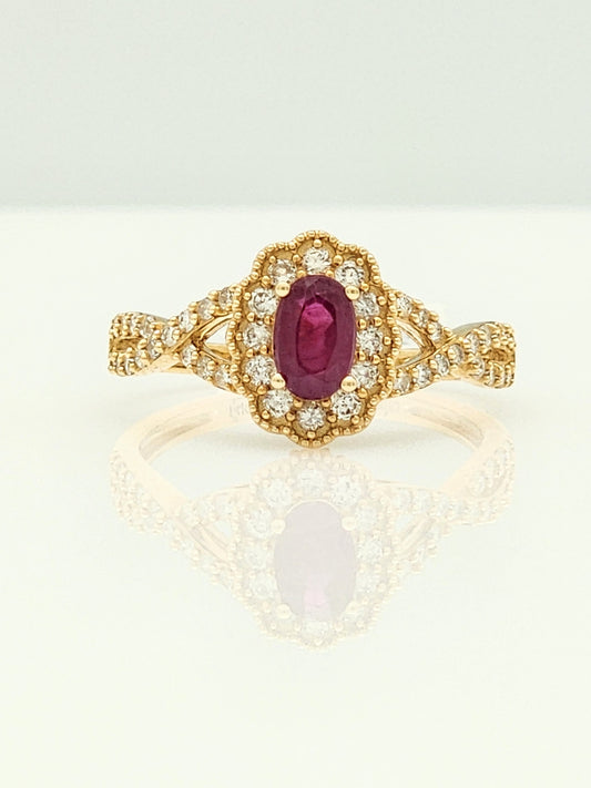 1.08 Total Carat Ruby and Diamond Halo Ring in 14KYG!