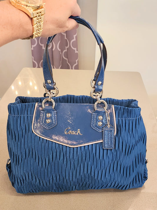 COACH Gathered Pleated Silk Satchel in Teal Blue