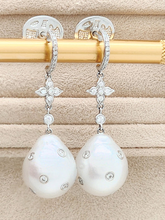 Custom 13.5mm South Sea Pearl Drop Earrings with Inlaid Bezel Set Diamonds