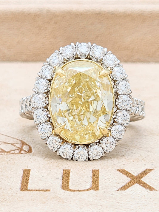 HUGE GIA CERTIFIED 7.61 CARAT FANCY YELLOW OVAL DIAMOND ENGAGEMENT RING in CUSTOM PLATINUM and 18KYG SETTING
