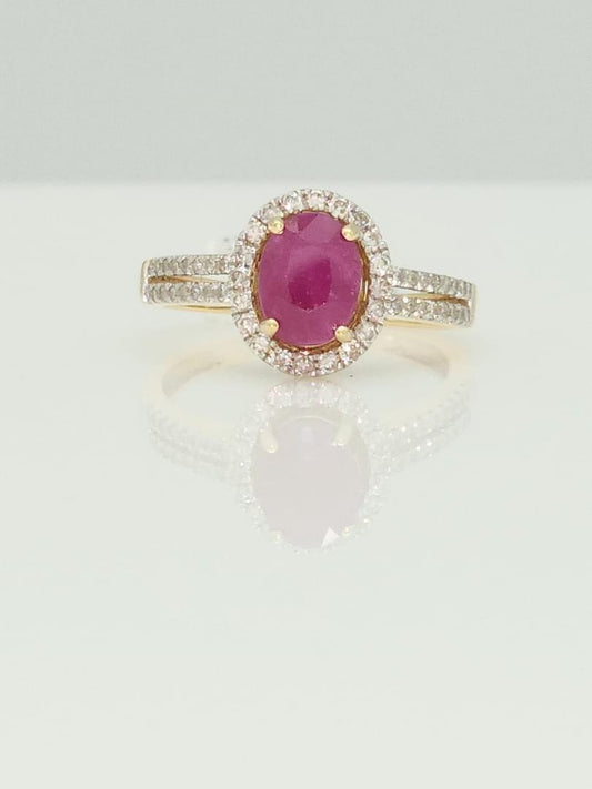 1.37 Total Carat Ruby and Diamond Split Shank Halo Ring in 14KYG