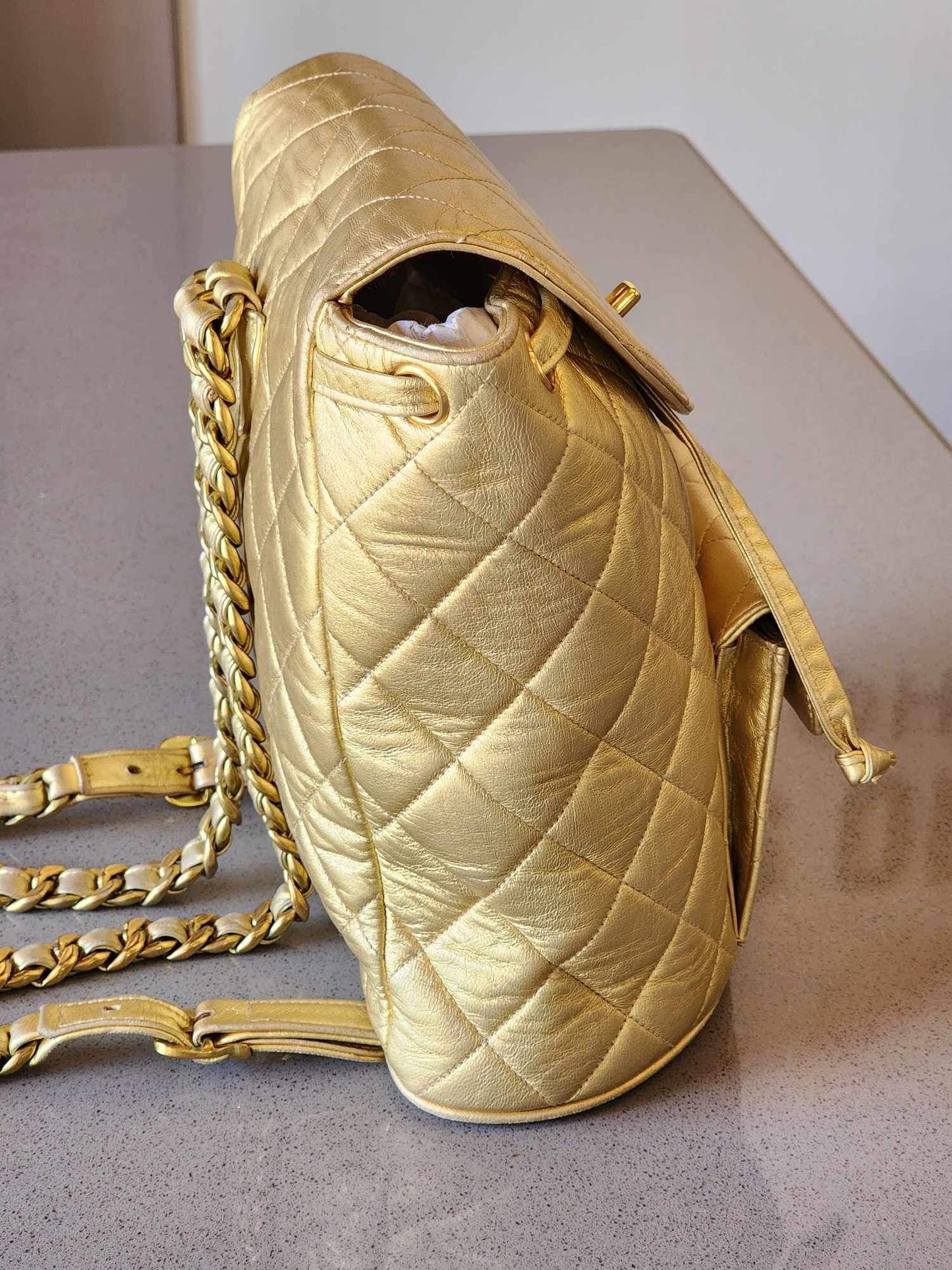 Vintage CHANEL Duma Backpack in Gold Metallic Lambskin with Gold Hardware