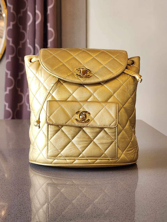 Vintage CHANEL Duma Backpack in Gold Metallic Lambskin with Gold Hardware