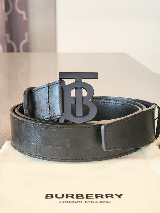 NEW!!! BURBERRY Black Calf Leather Embossed Check TB Monogram Belt Size 110•44 (US 36) Retail: $510