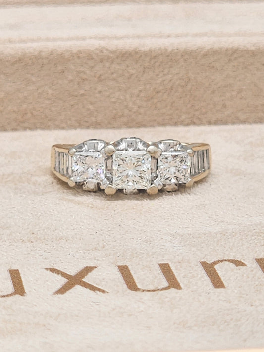 1.50 Carat 3-Stone Princess Cut Diamond Ring with Baguette and Round Diamond Accents set in Two-Tone 14K Gold!!
