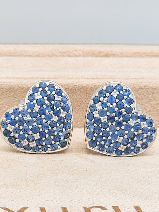 STUNNING 6.00 Carat Blue Sapphire and Diamond Heart Earrings in 18KWG