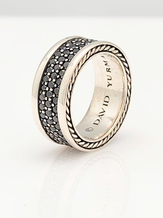 DAVID YURMAN Streamline Three-Row Band Ring with Black Diamonds in Sterling Silver Size 7